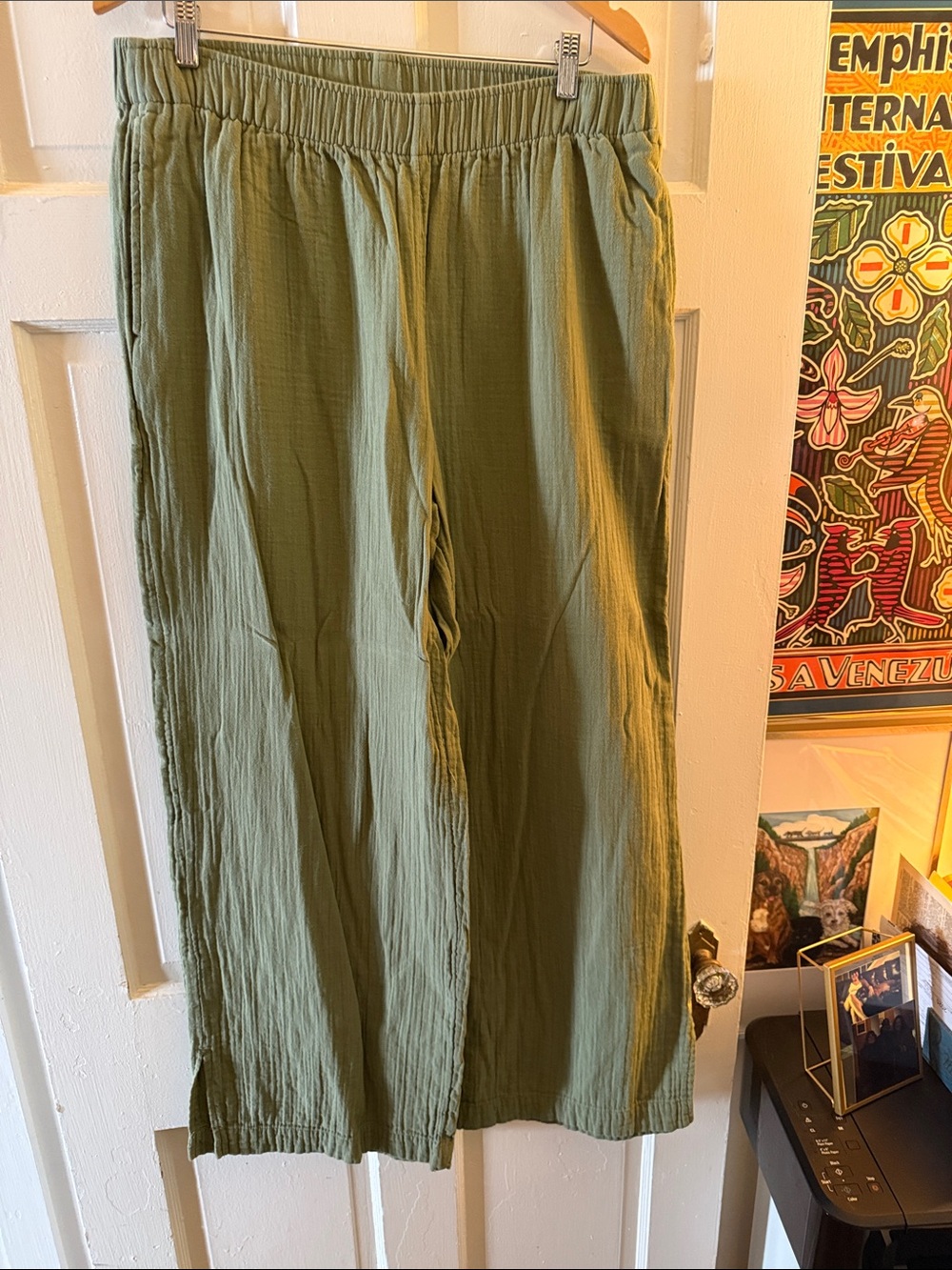 Old Navy Olive Green Elastic-Waist wide leg crinkle pants